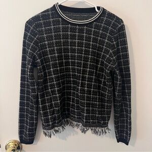 Plaid Checkered Blanket Sweater Knit Fringe Bottom Womens Size Large